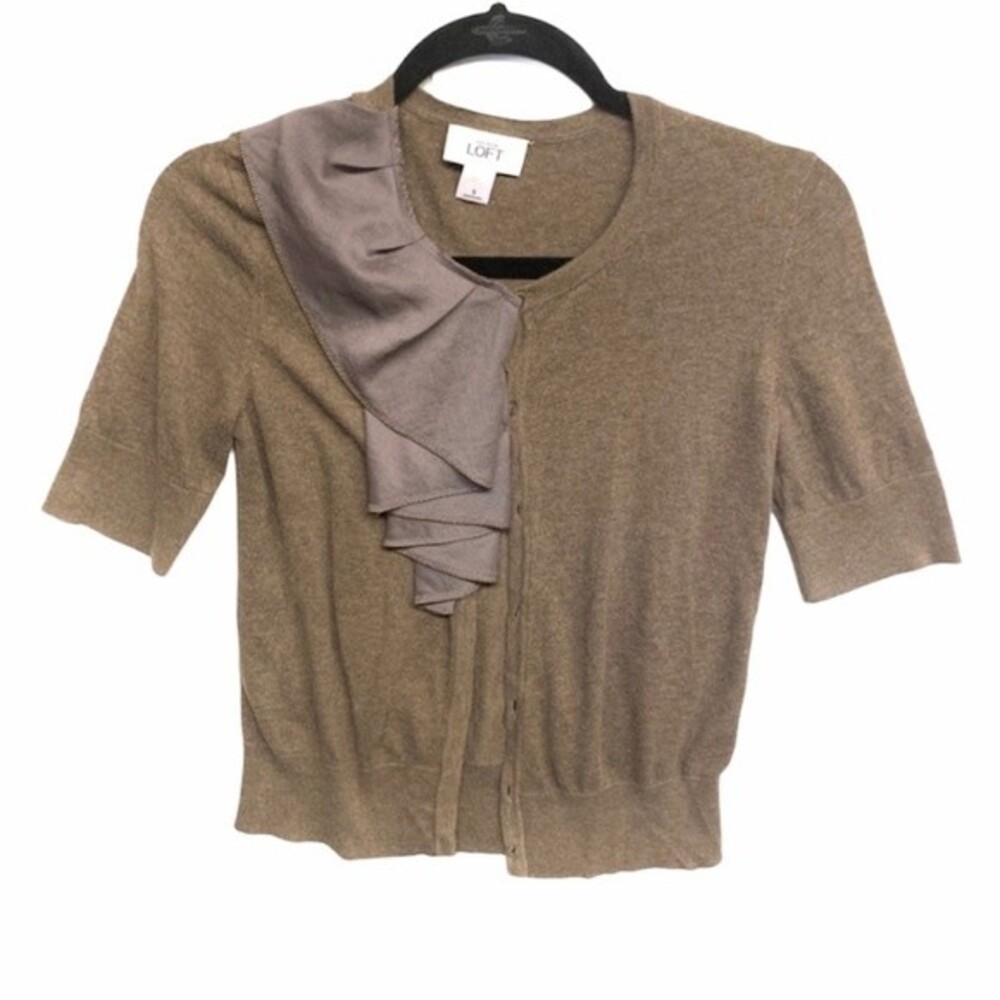LOFT cardigan women short sleeve brown ruffle cardigan small